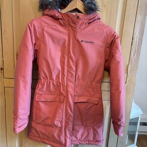 Columbia Kids Coral/Pink Puffer Jacket with Faux Fur Hood